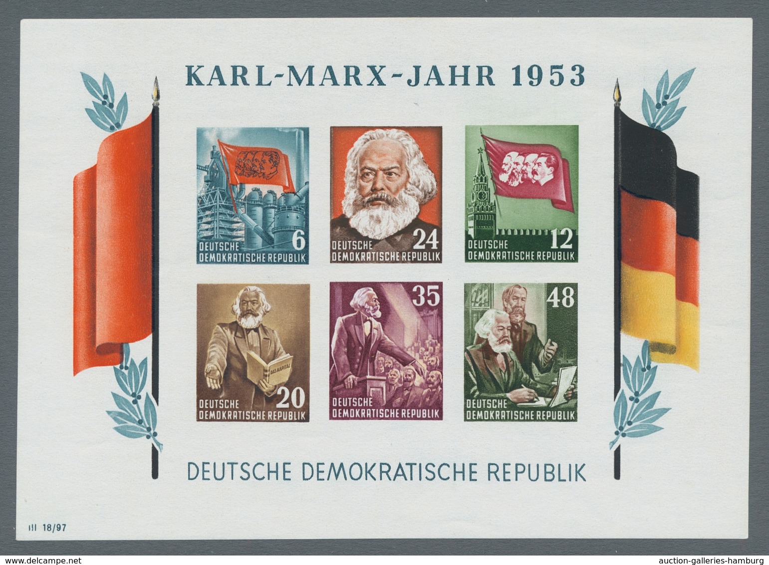 DDR: 1953, Karl-Marx beide Blockpaare tadellos postfrisch, Mi. 400,- Euro.