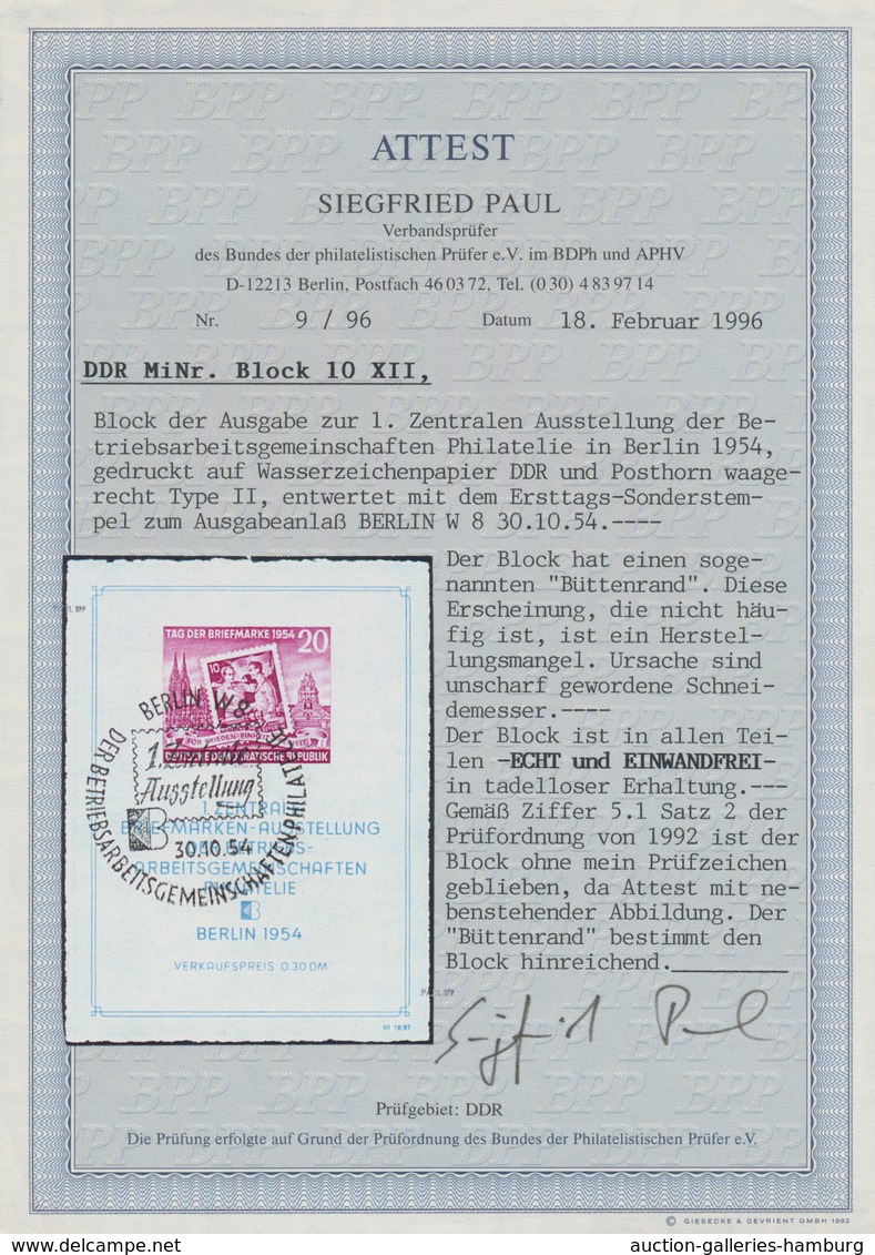 DDR: 1954, 20 Pfg. Briefmarkenausstellung Berlin-Block Mit ESST Und Sog. "Büttenrand" (durch Unschar - Other & Unclassified