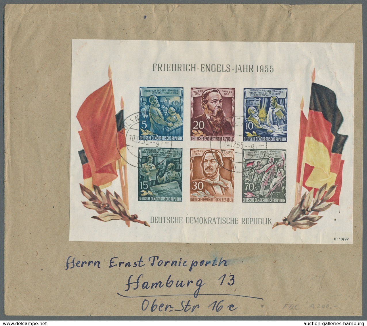 DDR: 1955, "Engels"-Block Mit Zweimal Ersttagsstempel PULSNITZ (SACHS.) H 10.12.55 Auf Gering Verkür - Otros & Sin Clasificación