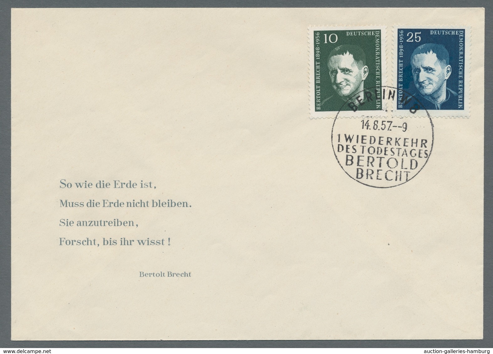 DDR: 1957, "Brecht", Der Seltene FDC Mit ESST Mit Falscher Schreibweise Des Vornamens In Tadelloser - Autres & Non Classés