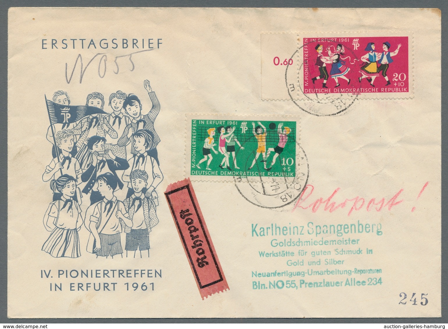 DDR: 1961, Pioniertreffen In Erfurt 10 Und 20 Pfg. Auf Rohrpost-FDC Aus Berlin Mit Vorderseitigem Ro - Sonstige & Ohne Zuordnung