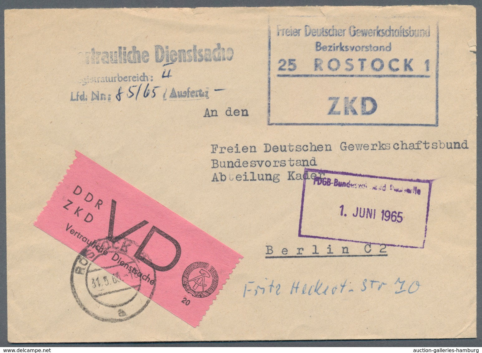 DDR - Dienstmarken D (Vertrauliche Dienstsachen): 1965, 20 Pfg. Schwarz Auf Hellilarosa In üblicher - Otros & Sin Clasificación