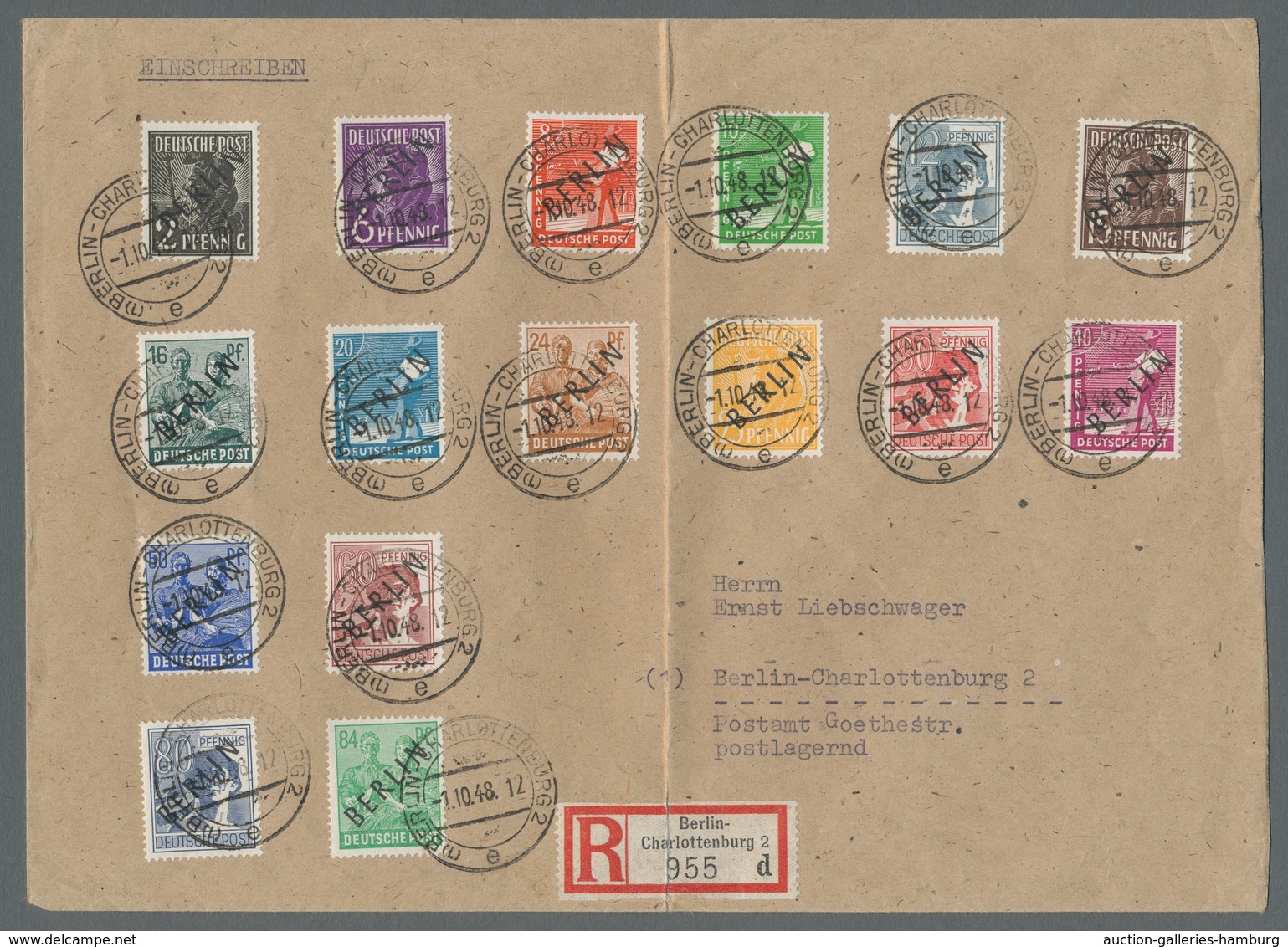 Berlin: 1948, "Schwarzaufdruck" Komplett Auf Zwei Satz-Orts-R-Briefen BERLIN-CHARLOTTENBURG -7.10.48 - Autres & Non Classés