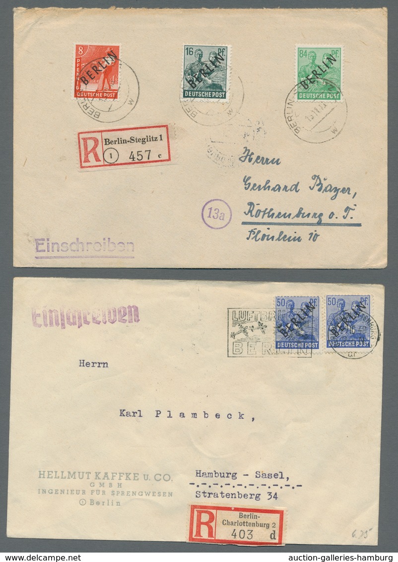 Berlin: 1948, "Schwarzaufdruck", überkompletter Satz (insgesamt 34 Werte) auf fünfzehn R-Briefen in
