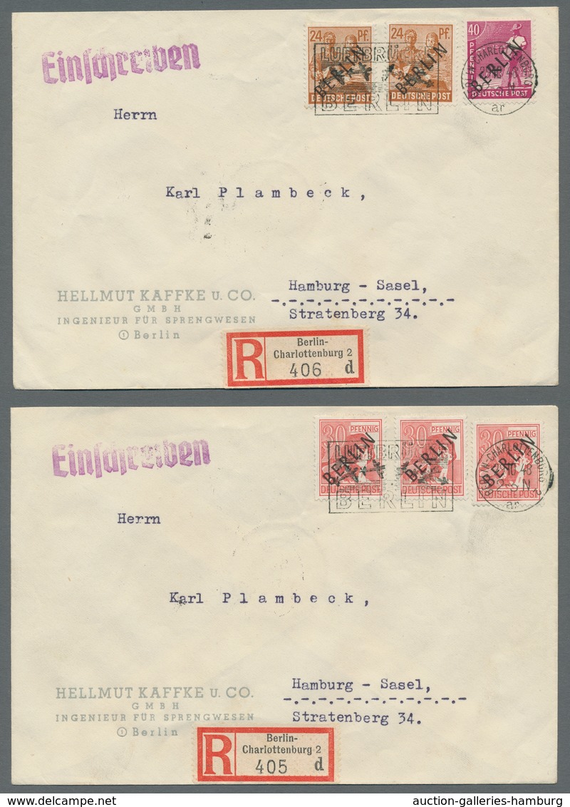 Berlin: 1948, "Schwarzaufdruck", überkompletter Satz (insgesamt 34 Werte) auf fünfzehn R-Briefen in