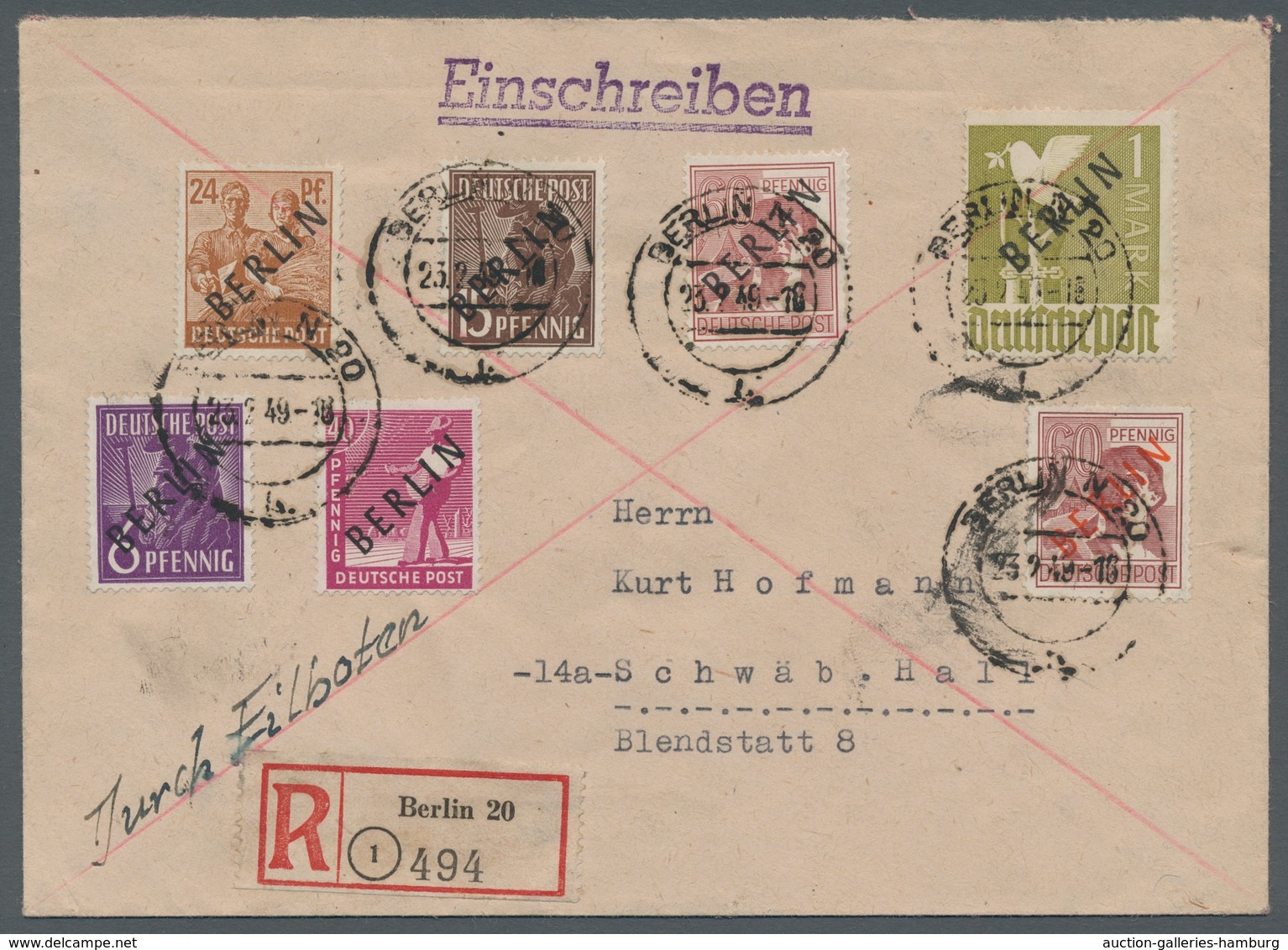 Berlin: 1948/49, Sehr Interessante MiF Schwarz/Rotaufdruck Von Insgesamt Sieben Werten Auf Eil-R-Bri - Andere & Zonder Classificatie