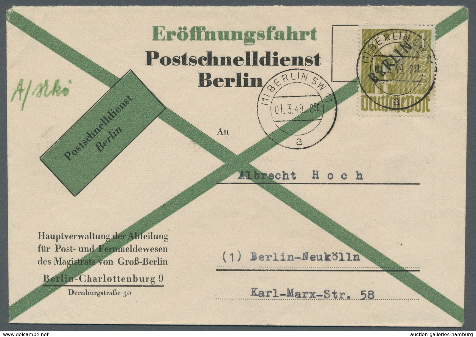 Berlin: 1949, "1 Mk. Schwarzaufdruck" Mit Zentralem Ersttagsstempel Zur Eröffnung Des Postschnelldie - Otros & Sin Clasificación