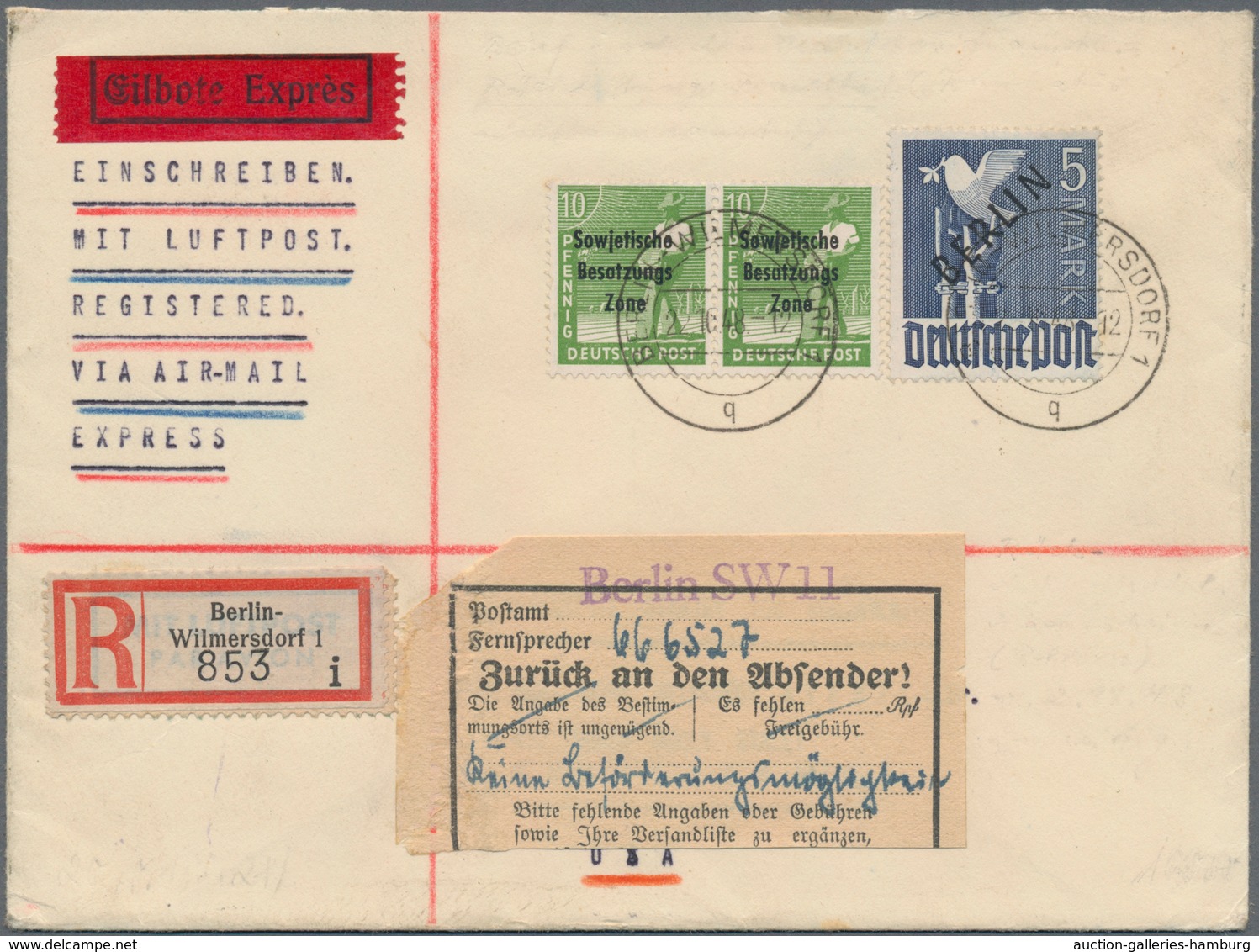Berlin: 1948. Außerordentlich Schöner "Jäger - Nackenheim" Brief In Die USA. Luftpost, Eilboten, Ein - Other & Unclassified