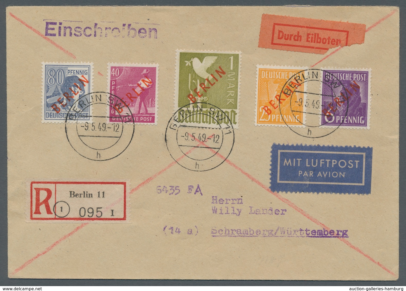 Berlin: 1949, "Rotaufdruck" Komplett Auf Drei Flug-R-Briefen Von BERLIN SW 11 -9.5.49 Nach Schramber - Sonstige & Ohne Zuordnung