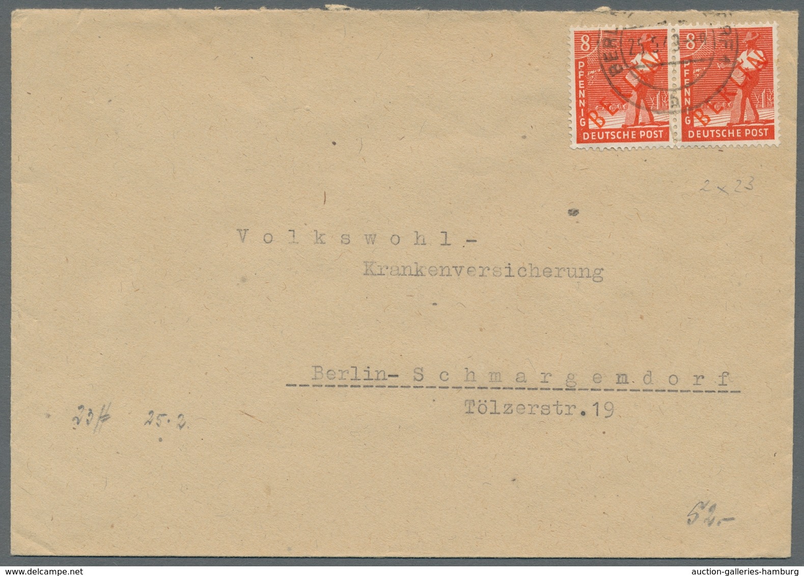 Berlin: 1949, "Rotaufdruck", sechs portorichtige MeF in guter/sehr guter Erhaltung inkl. senkr. Paar