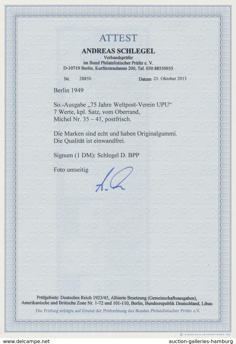 Berlin: 1949, 75 Jahre Weltpost-Verein (UPU), Kompletter Ungefalteter Luxusoberrandsatz, Postfrisch, - Sonstige & Ohne Zuordnung