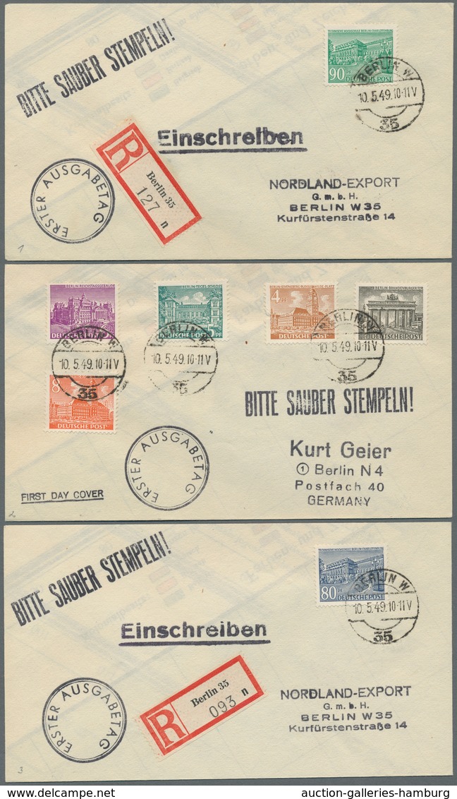 Berlin: 1949, "Bauten I", Insgesamt 15 Werte (1 Und 5 Pfg. Doppelt Bzw. Dreifach) Auf Fünf Ortsbrief - Otros & Sin Clasificación