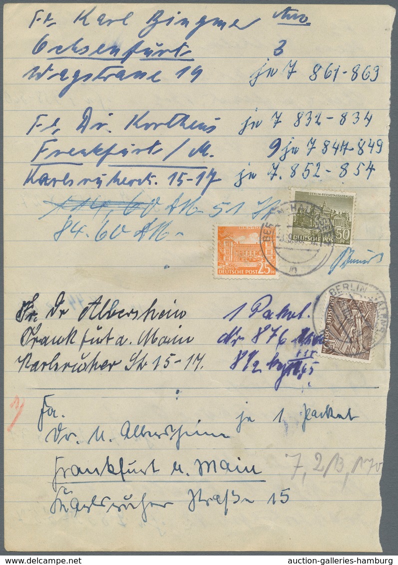 Berlin: 1950/1951, Fünf Seiten Eines Posteinlieferungsbuches, Davon Vier Mit Bauten-Frankaturen. - Other & Unclassified