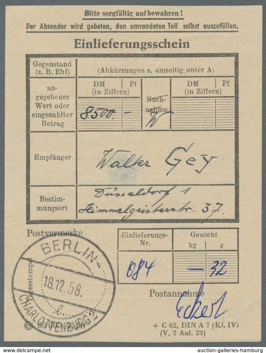 Berlin: 1949, "5 DM Tegeler Schloss", Randwert Als EF Auf überfrank. Eil-Wertbrief (Porto Soll 4,50, - Andere & Zonder Classificatie