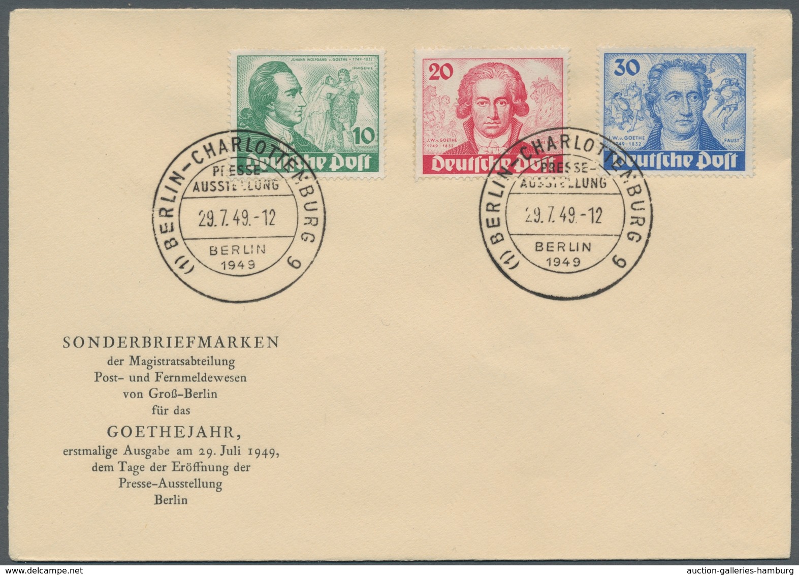 Berlin: 1949, "Goethe" Mit ESST Auf Offiziellem Ersttagsbrief In Tadelloser Erhaltung, Mi. 700,--. - Otros & Sin Clasificación