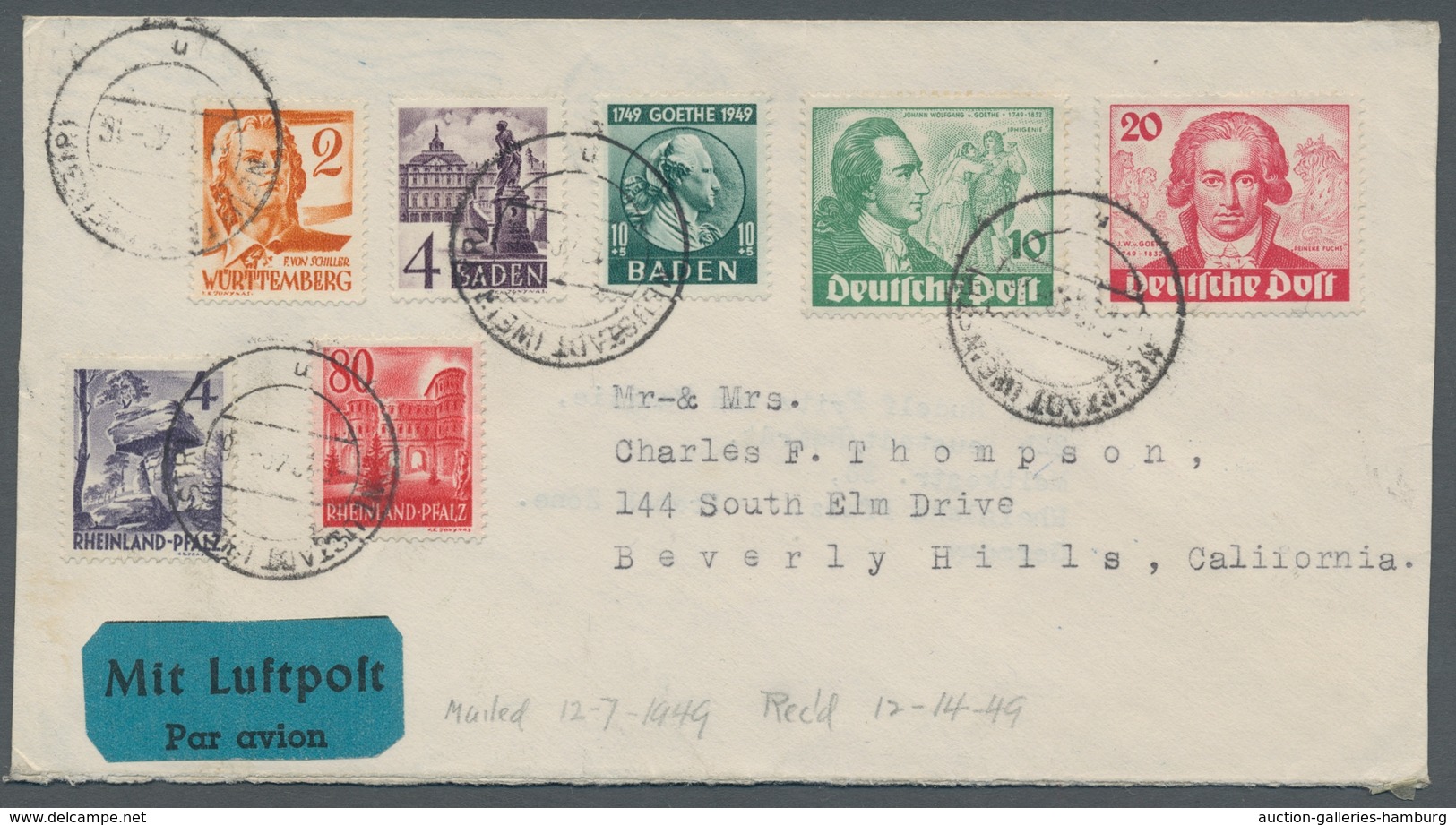 Berlin: 1949, "10 Und 20 Pfg. Goethe" Mit Zusatzfrankatur Franz. Zone Als Portorichtige MiF Auf Flug - Sonstige & Ohne Zuordnung