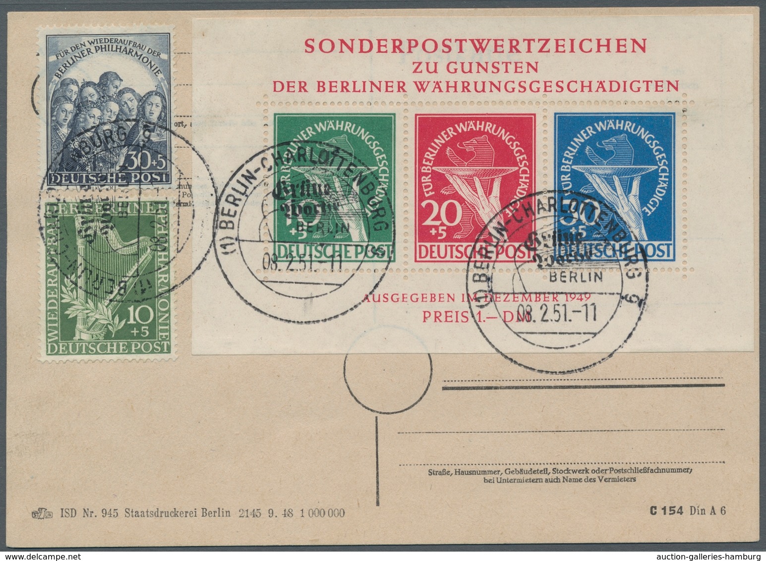 Berlin: 1949-50, "Währungeschädigten-Block" Mit Zweimal SST "Grüne Woche" Aus 1951 Mit "Philharmonie - Otros & Sin Clasificación