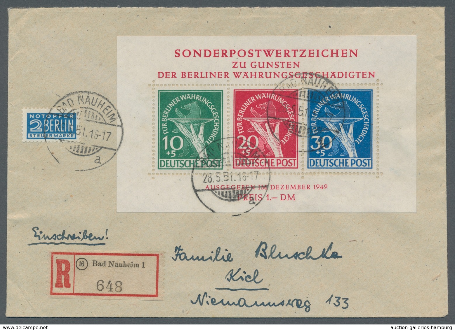 Berlin: 1949, "Währungsgeschädigtenblock" Als Portorichtige EF Auf R-Brief Von BAD NAUHEIM 28.5.51 N - Otros & Sin Clasificación