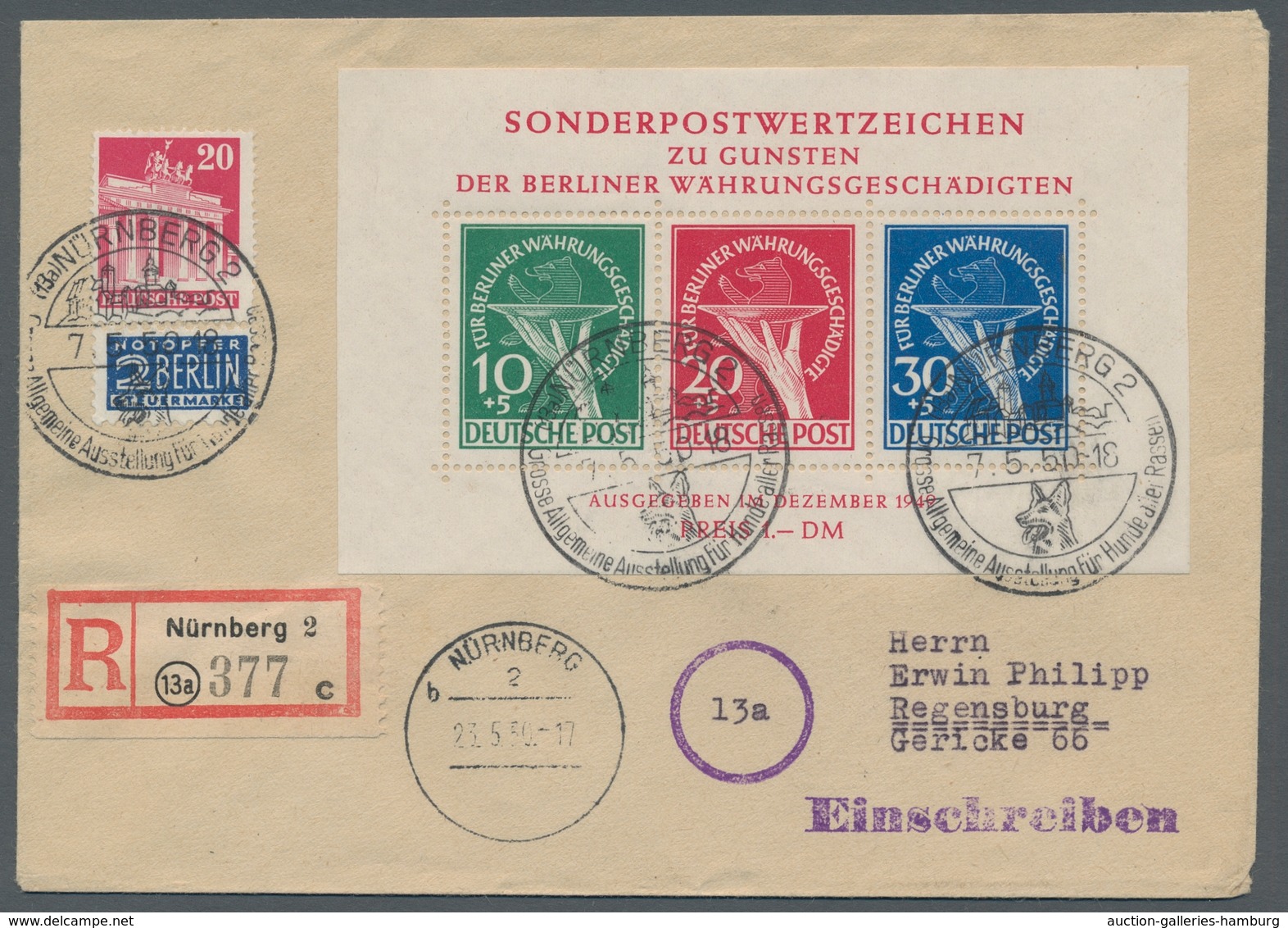 Berlin: 1949, "Währungeschädigtenblock Mit Plattenfehler III (Mi. 68 II)" Mit Zusatzfrankatur Auf Po - Andere & Zonder Classificatie