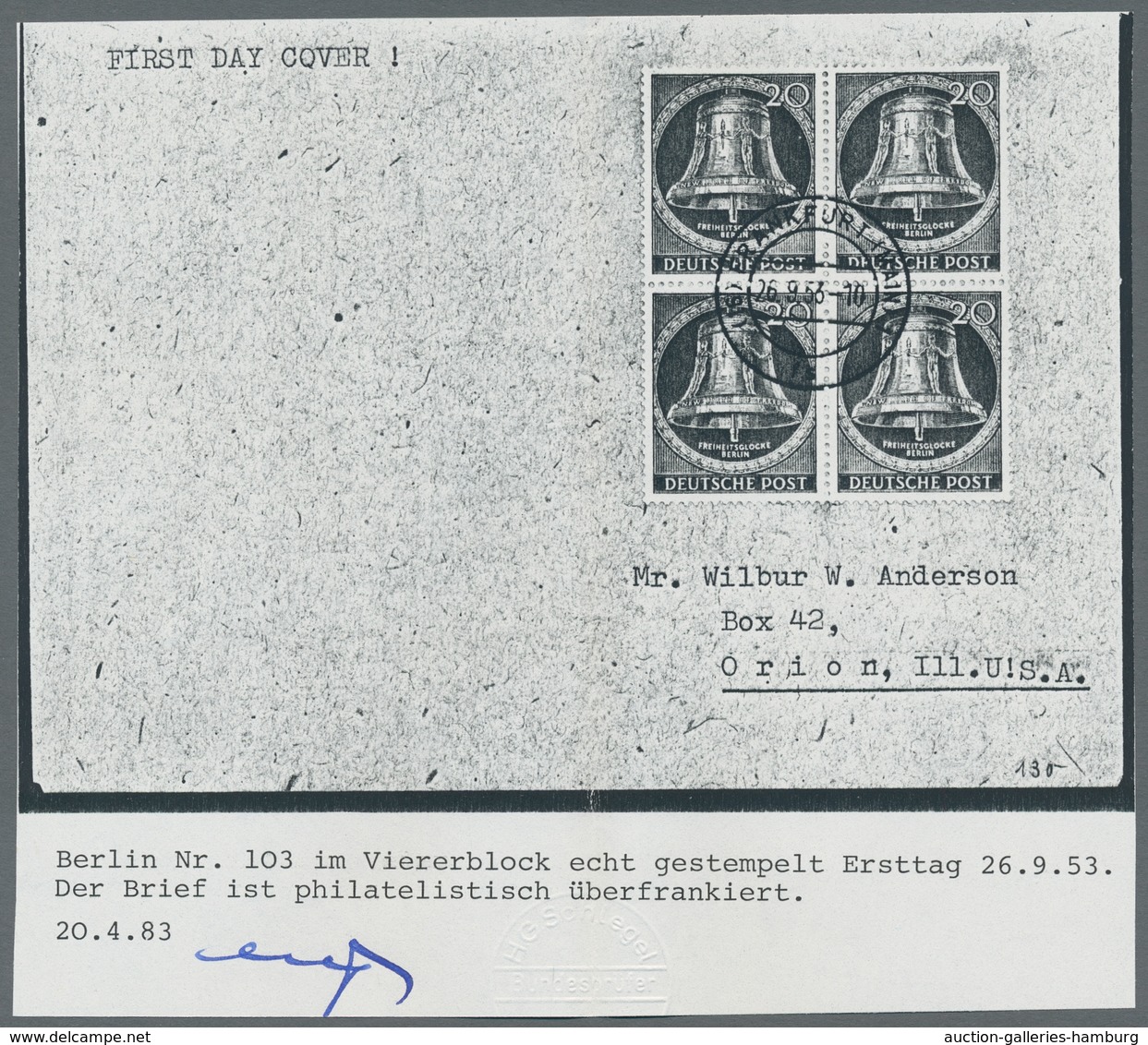 Berlin: 1953, "10 bis 30 Pfg. Glocke III" je als Viererblock mit Ersttagsstempel auf FDC in tadellos