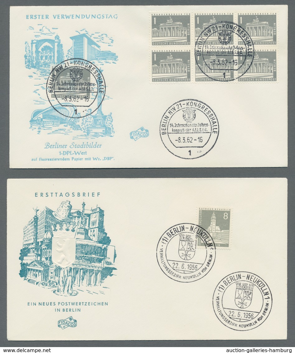 Berlin: 1956/58, "Berliner Stadtbilder I und II", komplett auf insgesamt dreizehn FDC in tadelloser