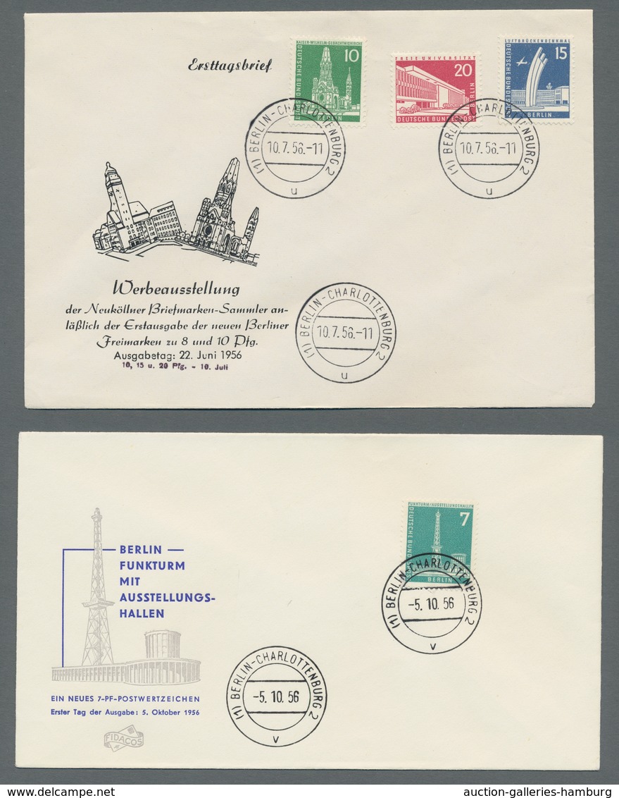 Berlin: 1956/58, "Berliner Stadtbilder I und II", komplett auf insgesamt dreizehn FDC in tadelloser