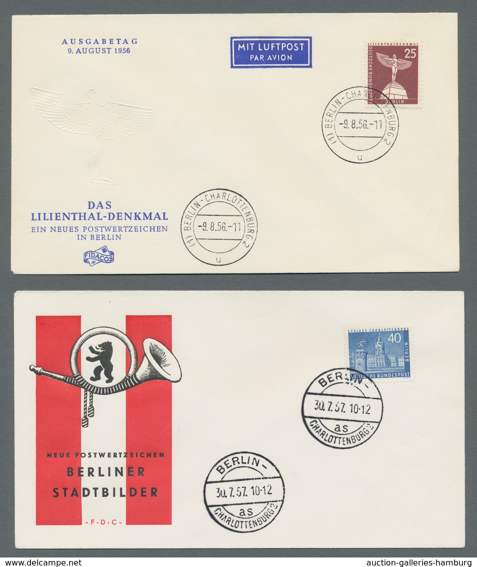 Berlin: 1956/58, "Berliner Stadtbilder I und II", komplett auf insgesamt dreizehn FDC in tadelloser