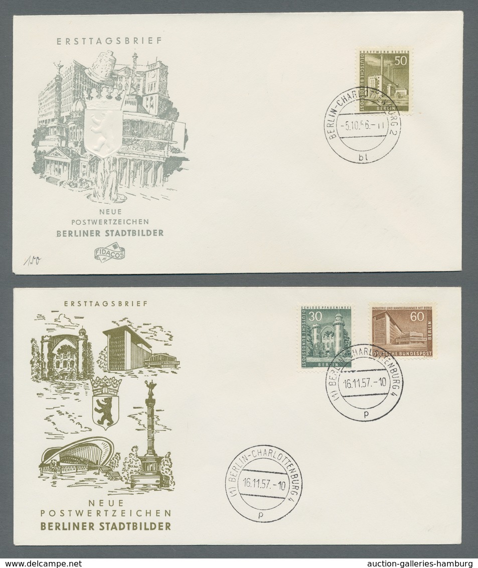 Berlin: 1956/58, "Berliner Stadtbilder I und II", komplett auf insgesamt dreizehn FDC in tadelloser