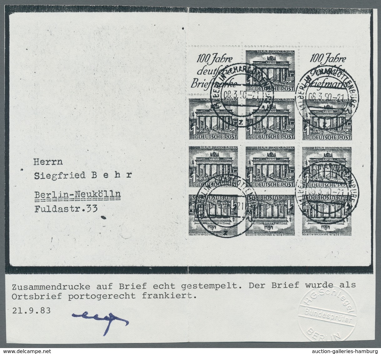 Berlin - Zusammendrucke: 1949, "R 1d + 1 Pfg. + R 1d Bauten I", Blockstück Mit Neun Anhängenden Wert - Zusammendrucke