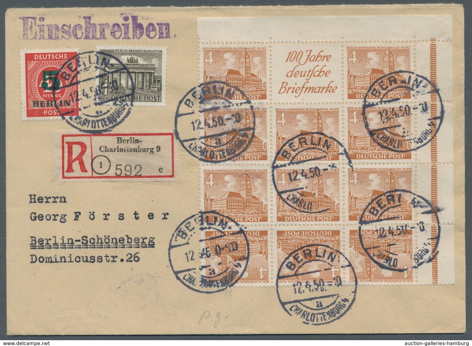Berlin - Zusammendrucke: 1949, "4 Pfg. + R 1c + 4 Pfg. Bauten I" Als Blockstück Mit Neun Werten Und - Zusammendrucke