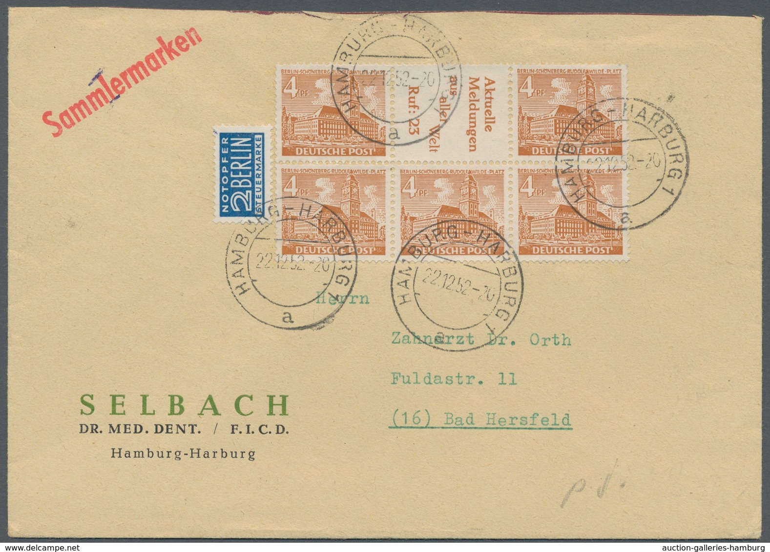 Berlin - Zusammendrucke: 1952, "4 Pfg. + R 4 + 4 Pfg. Bauten", Einheit Mit Zusätzlich Drei Anhängend - Se-Tenant