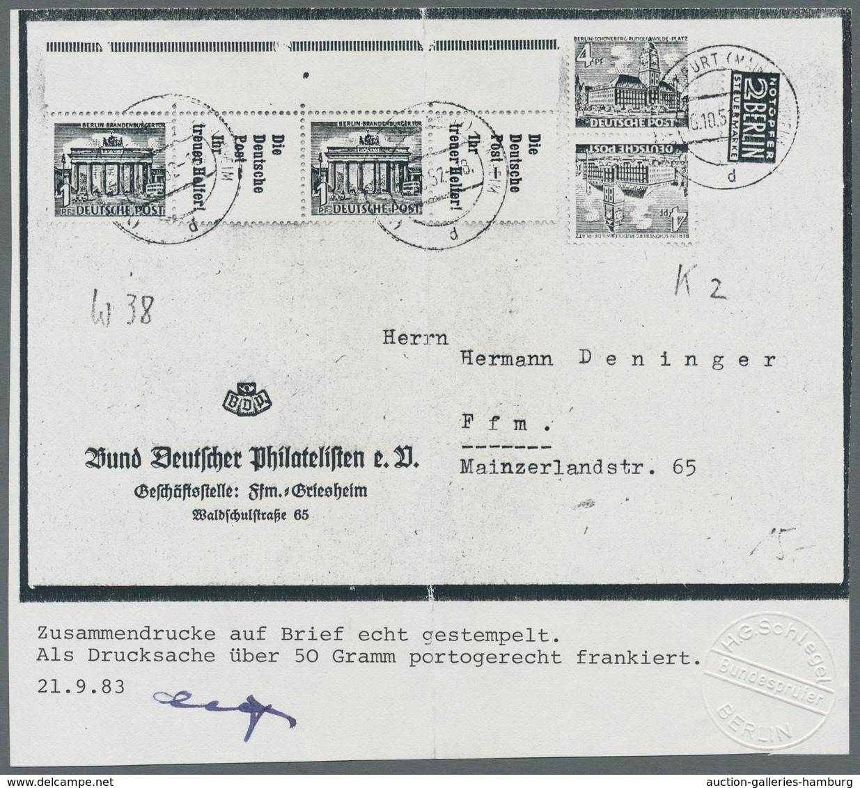 Berlin - Zusammendrucke: 1952, "R 7 + 1 Pfg. + R 7 Bauten", Rand-Viererstreifen (ein Wert Zu 1 Pfg. - Zusammendrucke