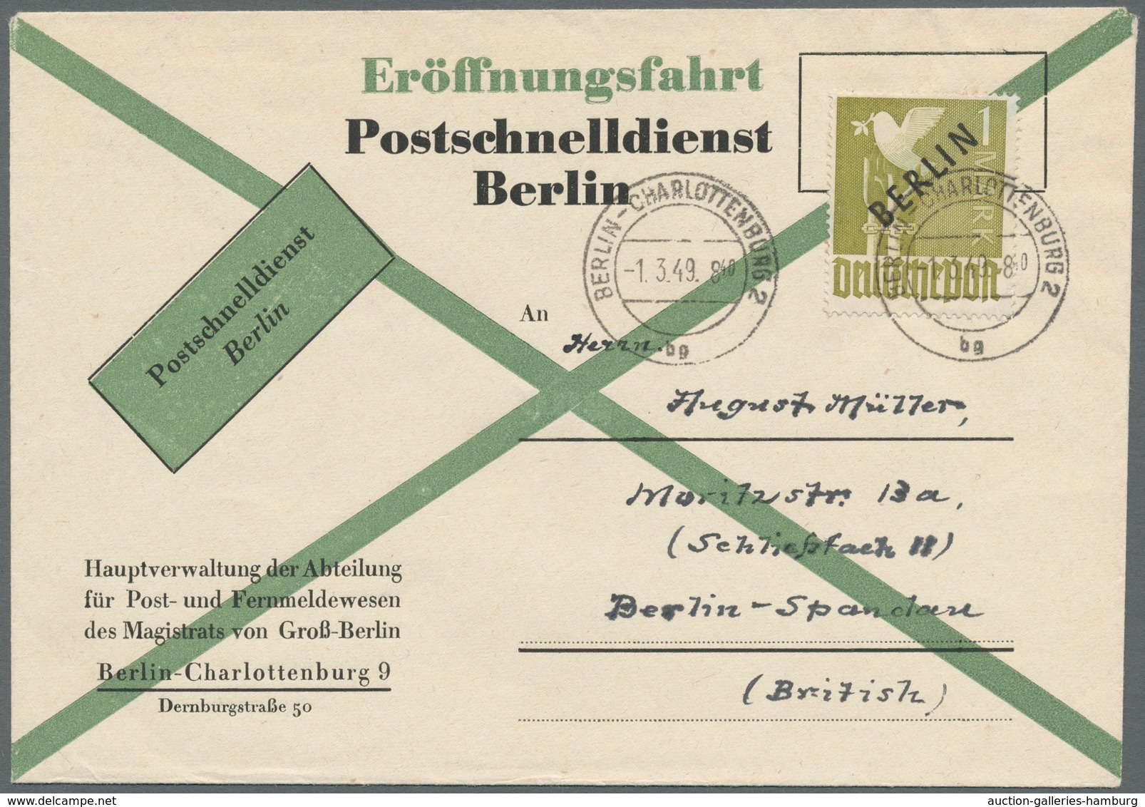 Berlin - Postschnelldienst: 1949, Postschnelldienst Eröffnungsfahrt Innerhalb Des Britischen Sektors - Brieven En Documenten