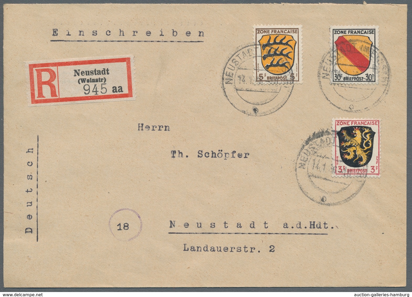 Französische Zone - Allgemeine Ausgabe: 1945, "1 Pfg. bis 5 Mk. Wappen/Dichter", sauber gestempelt a