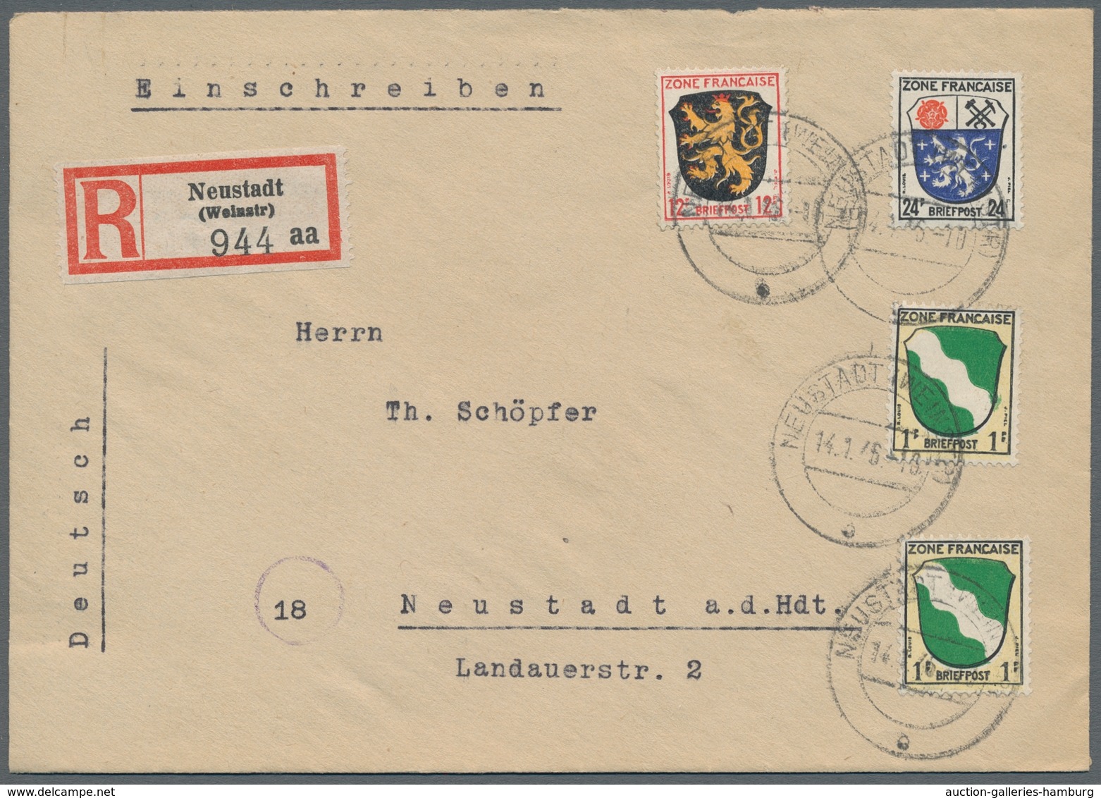 Französische Zone - Allgemeine Ausgabe: 1945, "1 Pfg. bis 5 Mk. Wappen/Dichter", sauber gestempelt a