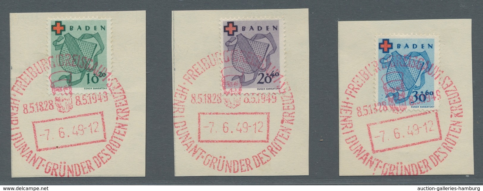 Französische Zone - Baden: 1949, "Rotes Kreuz" Komplett Je Einzeln Mit Rotem SST Auf Briefstücken In - Andere & Zonder Classificatie