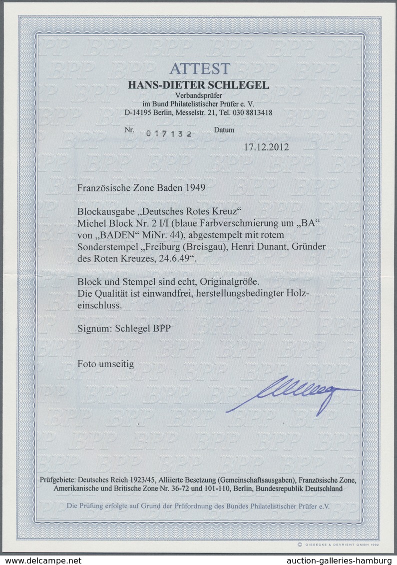 Französische Zone - Baden: 1949. Rot-Kreuz-Block Mit Gutem Roten SST "Henri Dunant". FA Schlegel BPP - Andere & Zonder Classificatie