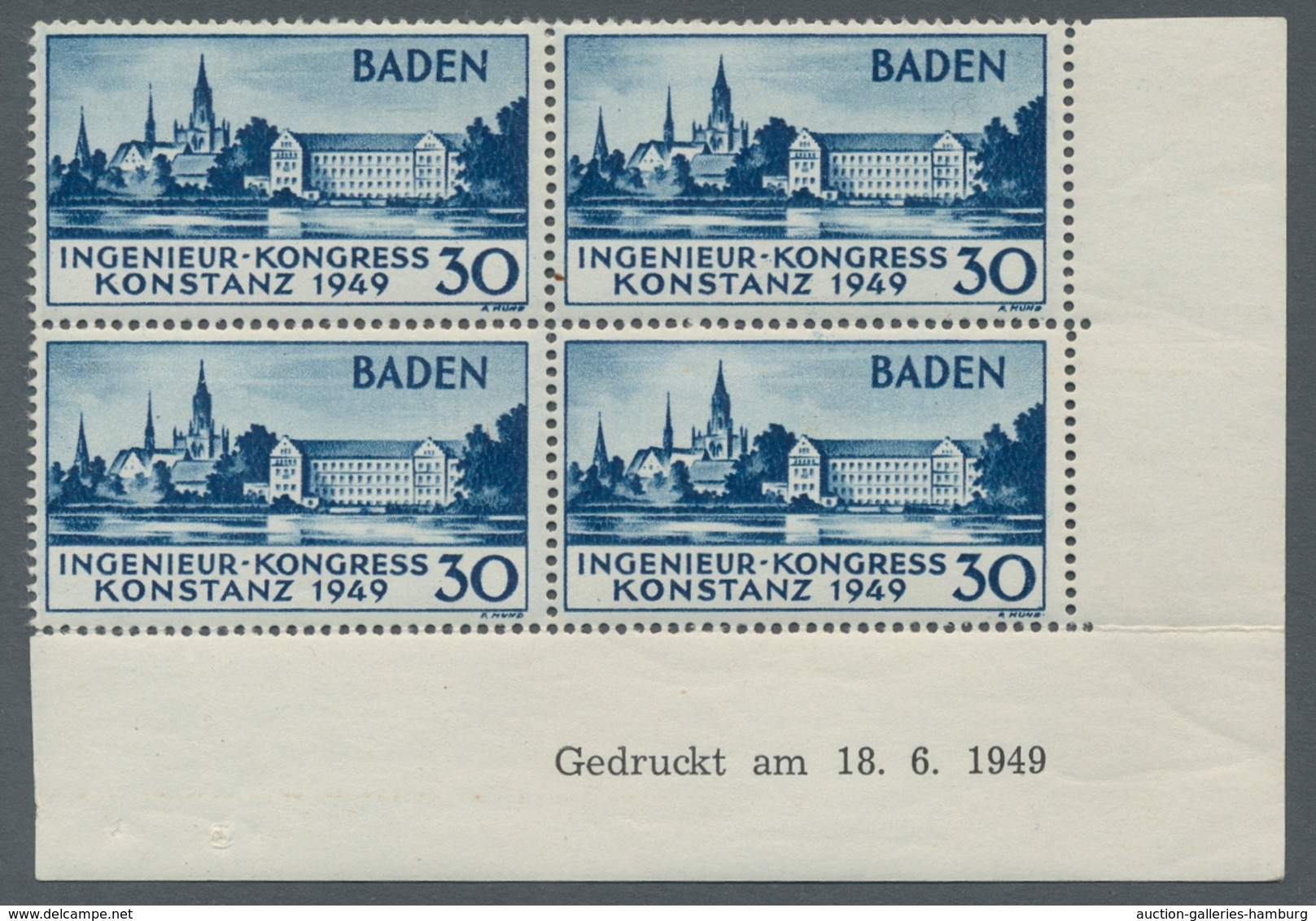 Französische Zone - Baden: 1949, "Konstanz I" Im Eckrandviererblock Mit Druckdatum, Im Unterrand Waa - Otros & Sin Clasificación