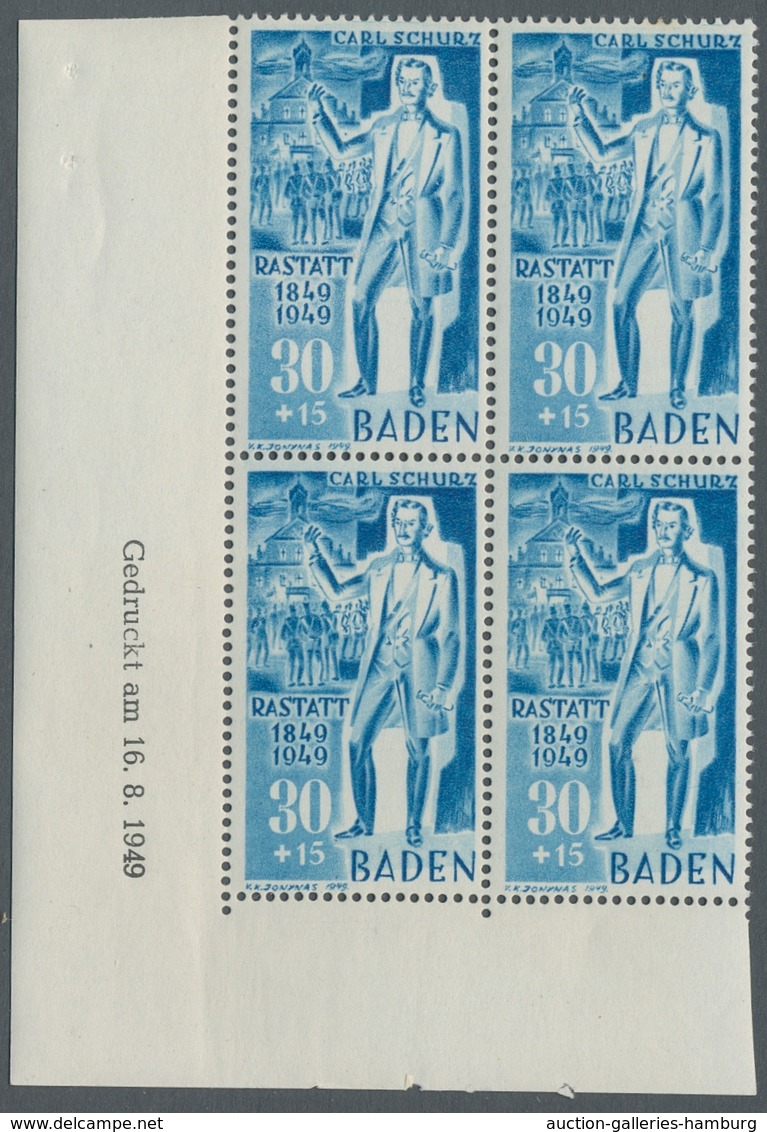 Französische Zone - Baden: 1949, "Schurz" Als Eckrandviererblocksatz Mit Druckdatum, Die 30 Pfg. Ein - Autres & Non Classés
