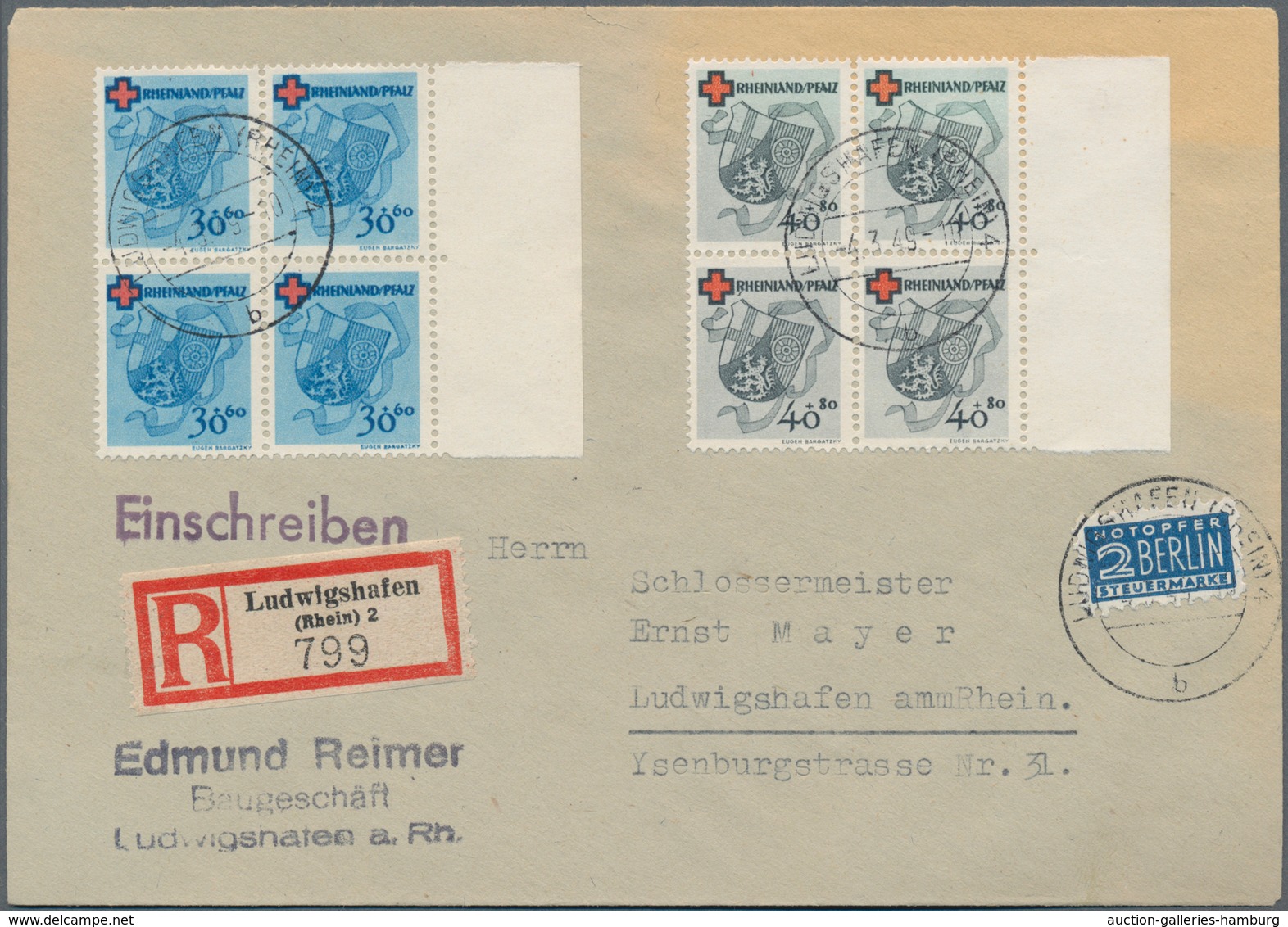 Französische Zone - Rheinland Pfalz: 1949, „Deutsches Rotes Kreuz”, Komplette Viererblock-Serie Und - Autres & Non Classés