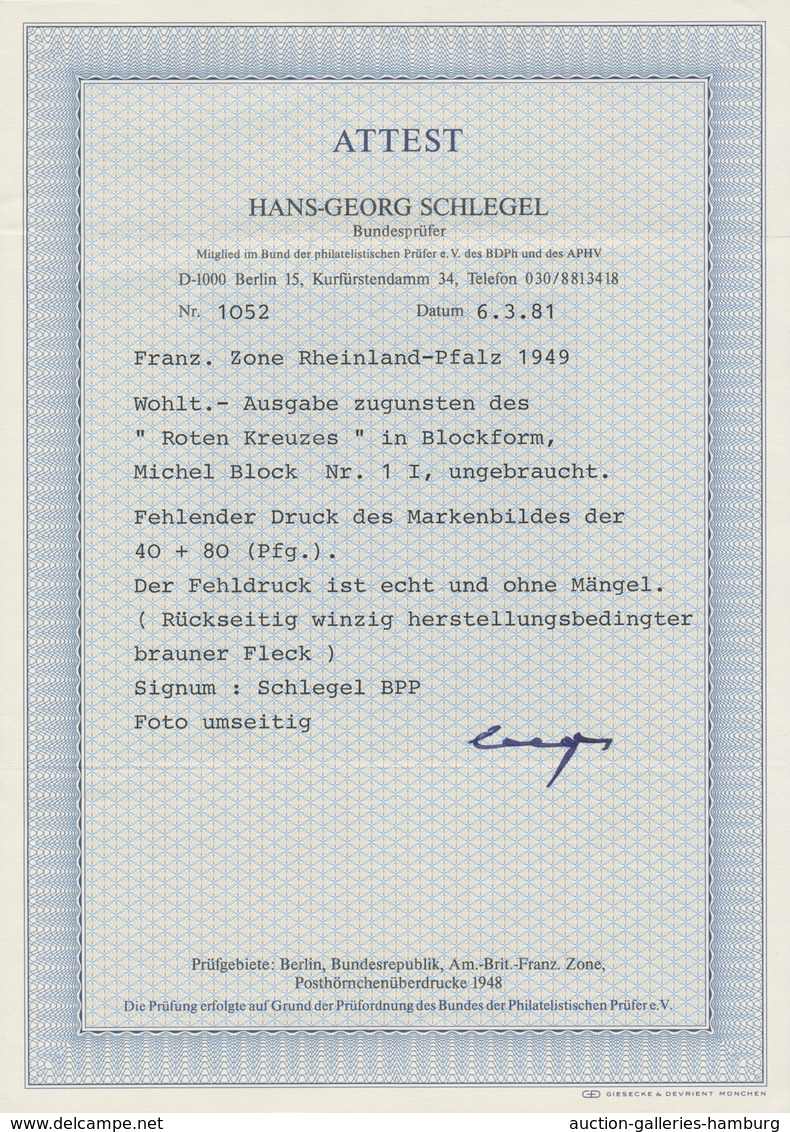 Französische Zone - Rheinland Pfalz: 1949, Rotkreuzblock Mit Fehlender Farbe Dkl'grünlichgrau (40 Pf - Otros & Sin Clasificación