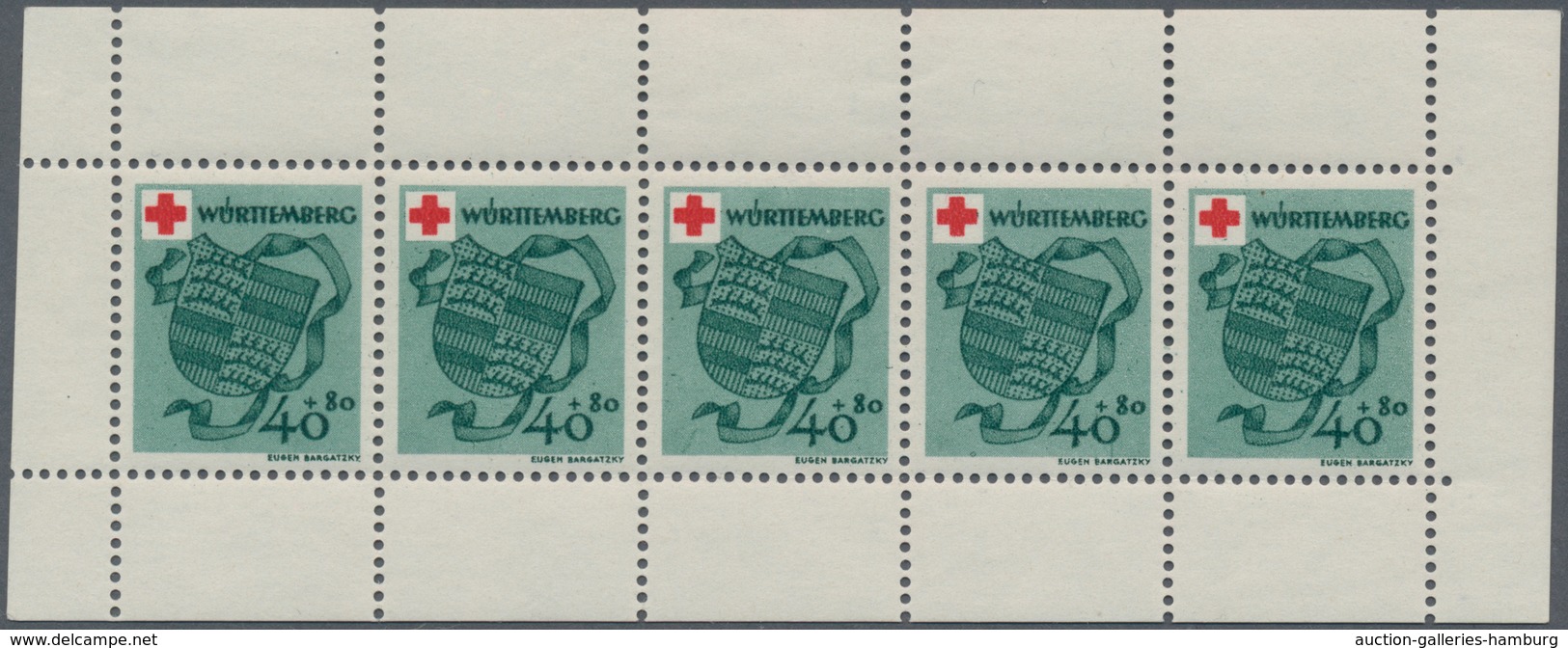 Französische Zone - Württemberg: 1949, Deutsches Rotes Kreuz 40 + 20 Pf Grün Im Kleinbogen Zu 5 Stüc - Otros & Sin Clasificación