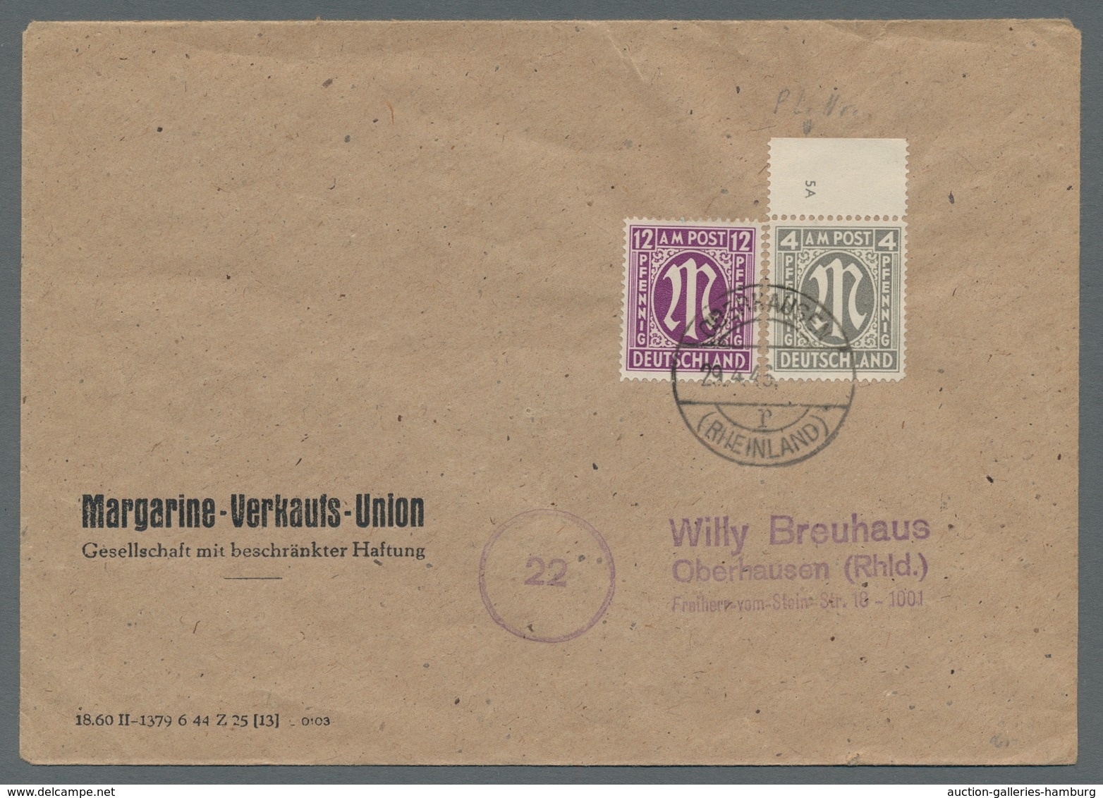 Bizone: 1945, "4 Pfg. Englischer Druck Mit Plattennummer 5 A", Oberrandwert Mit Zusatzfrankatur Mi. - Otros & Sin Clasificación