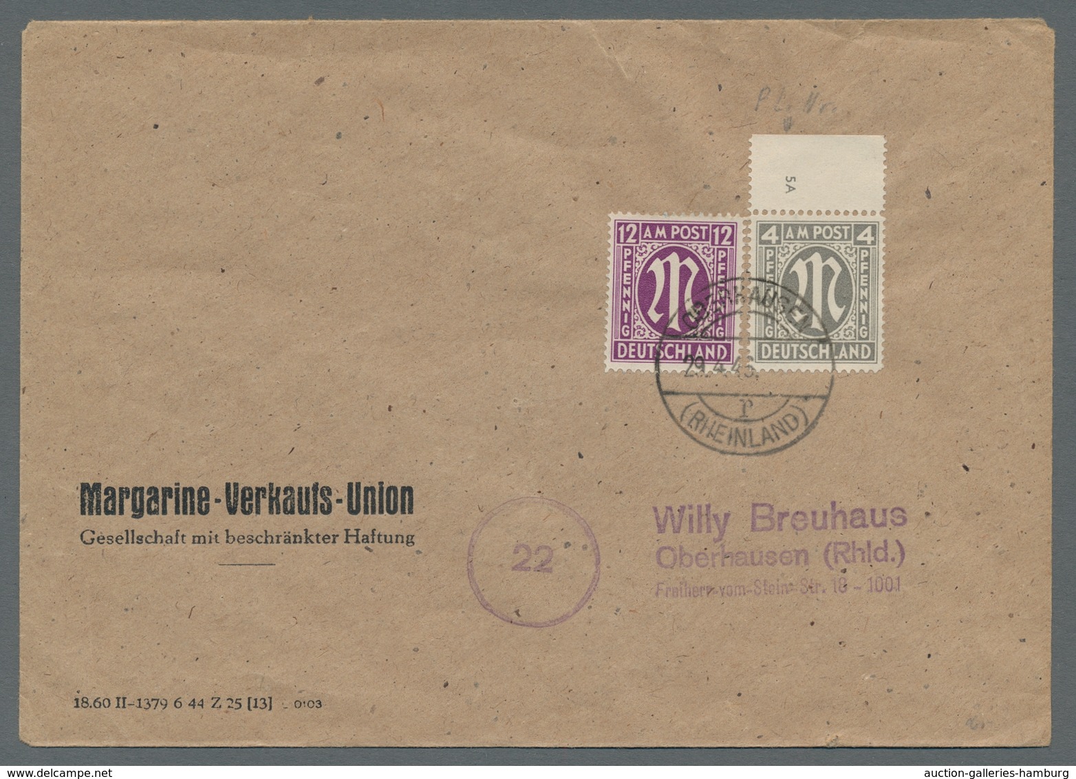 Bizone: 1945, "4 Pfg. Englischer Druck Mit Plattennummer 5 A", Oberrandwert Mit Zusatzfrankatur Mi. - Autres & Non Classés