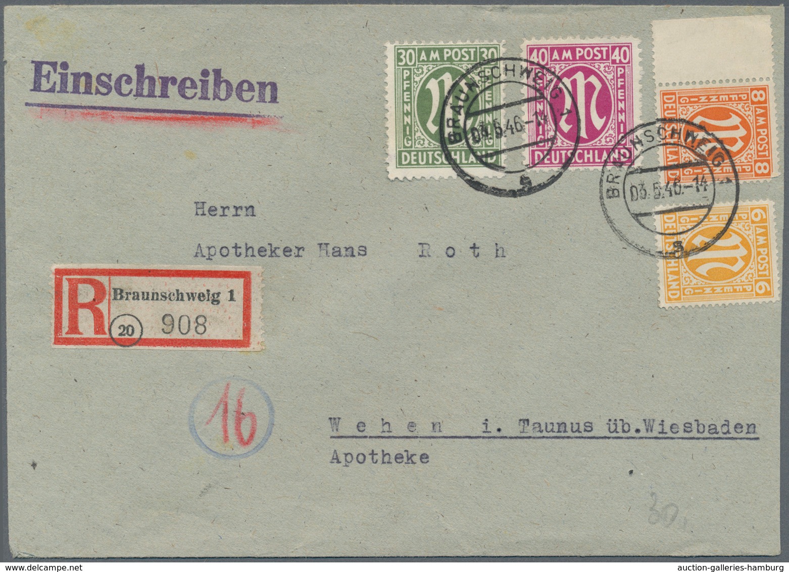 Bizone: 1945, AM-Post 6 Pf, 8 Pf, 30 Pf (diese Mit PLATTENFEHLER " 'G'vom Linken 'PFENNIG' Oben Besc - Otros & Sin Clasificación