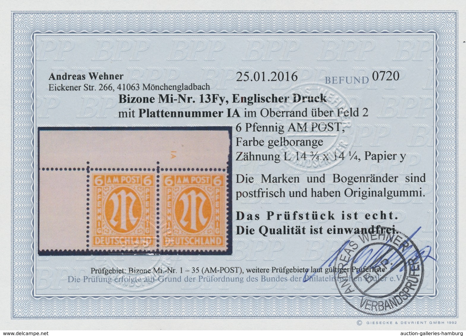 Bizone: 1945, "6 Pfg. Englischer Druck Mit Zähnung 14 ¾ X 14 ¼ Und Plattennummer 1 A", Postfrisches - Otros & Sin Clasificación