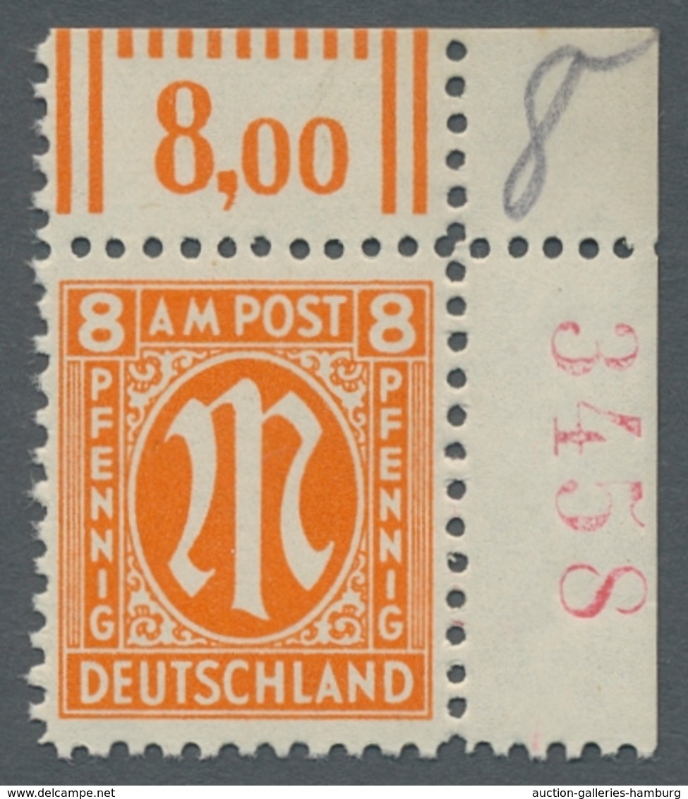 Bizone: 1945, "8 Pfg. Deutscher Druck Mit Vierstelliger Bogenzählnummer In Rot", Postfrischer Eckran - Autres & Non Classés
