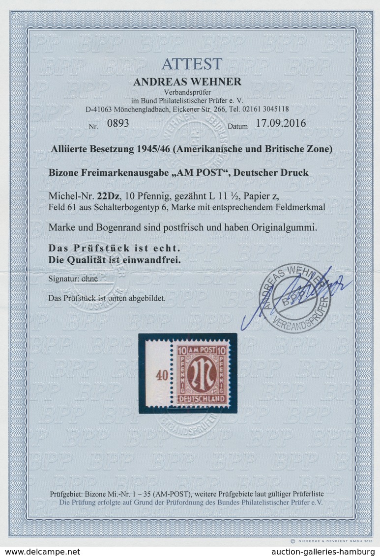 Bizone: 1945, "10 Pfg. Deutscher Druck Mit Zähnung 11 ½", Postfrischer Randwert Von Feld 61 Mit Feld - Sonstige & Ohne Zuordnung