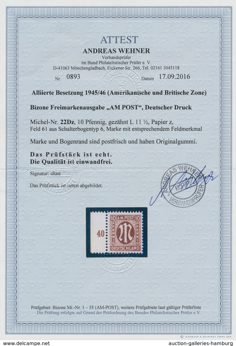 Bizone: 1945, "10 Pfg. Deutscher Druck Mit Zähnung 11 ½", Postfrischer Randwert Von Feld 61 Mit Feld - Autres & Non Classés