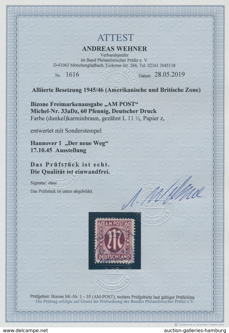 Bizone: 1945, AM-Post 60 Pfennig Karminbraun Vom Deutschen Druck In Linienzähnung 11 1/2 Und In Papi - Altri & Non Classificati
